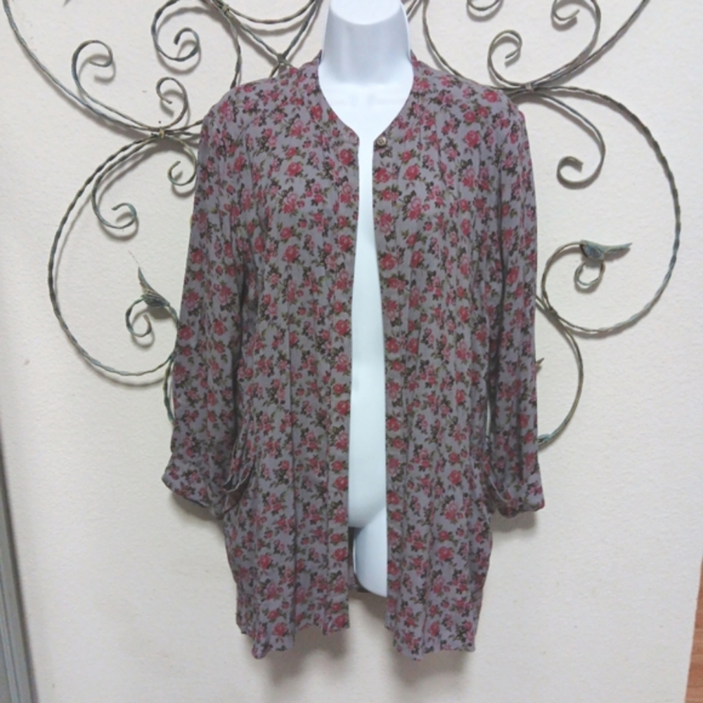 CAD retro Grey Floral print open front rayon cardigan tunic, M